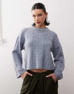 Noisy May Textured Knitted Jumper In Grey Blue For Women Dutch Blue