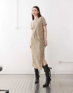 Noisy May Midaxi Split T-shirt Dress In Washed Sage For Women Green