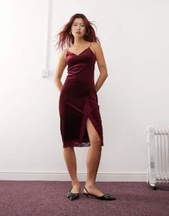 Noisy May Velour Midi Slip Dress In Burgundy For Women -Noisy May Shop 207372777 1 burgundy 1