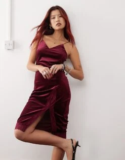 Noisy May Velour Midi Slip Dress In Burgundy For Women -Noisy May Shop 207372777 3