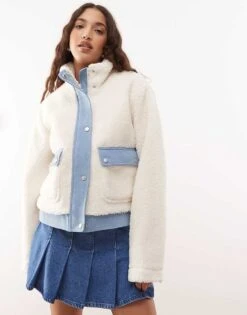Noisy May Sherpa Bomber Jacket With Denim Insert In Cream For Women White -Noisy May Shop 207372785 1 white 1