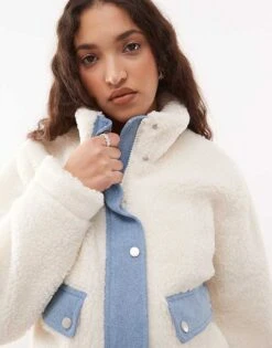 Noisy May Sherpa Bomber Jacket With Denim Insert In Cream For Women White -Noisy May Shop 207372785 3