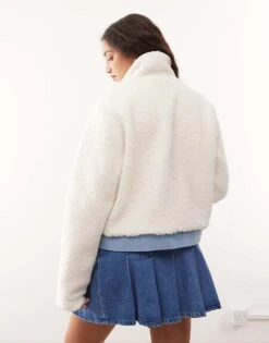 Noisy May Sherpa Bomber Jacket With Denim Insert In Cream For Women White -Noisy May Shop 207372785 4