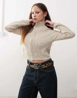 Noisy May Zip Through Funnel Neck Knitted Cardigan In Beige For Women -Noisy May Shop 207372808 1 beige 1