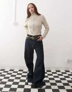 Noisy May Zip Through Funnel Neck Knitted Cardigan In Beige For Women -Noisy May Shop 207372808 2