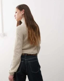 Noisy May Zip Through Funnel Neck Knitted Cardigan In Beige For Women -Noisy May Shop 207372808 4