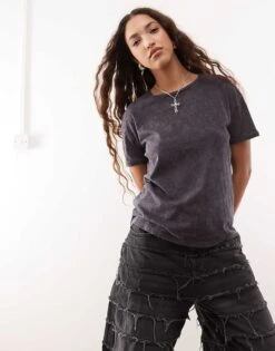 Noisy May Boxy T-shirt In Washed Charcoal For Women Dark Grey