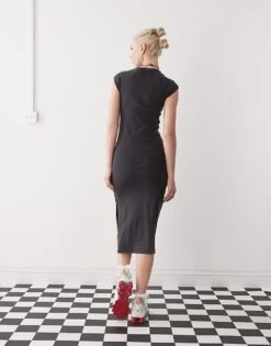 Noisy May Cap Sleeve Crew Neck Midi Dress In Charcoal For Women Dark Grey -Noisy May Shop 207372841 3