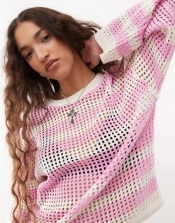 Noisy May Open Knit Jumper In Pink Stripe For Women -Noisy May Shop 207372852 1 pink 1