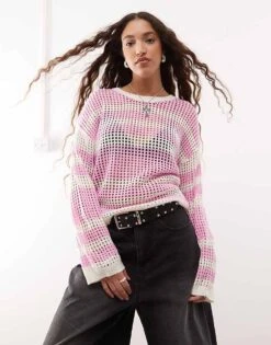 Noisy May Open Knit Jumper In Pink Stripe For Women -Noisy May Shop 207372852 3
