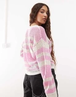 Noisy May Open Knit Jumper In Pink Stripe For Women -Noisy May Shop 207372852 4