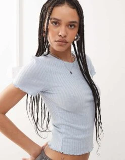 Noisy May Ribbed Lettuce Edge Baby Tee In Light Blue For Women Light Blue Denim -Noisy May Shop 207372900 1 lightbluedenim 1