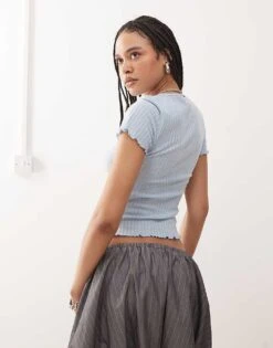 Noisy May Ribbed Lettuce Edge Baby Tee In Light Blue For Women Light Blue Denim -Noisy May Shop 207372900 3