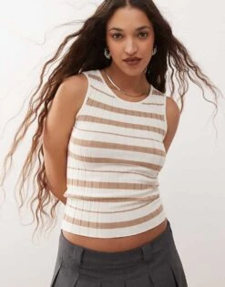 Noisy May Rib Tank Top In Beige And Cream Stripe For Women