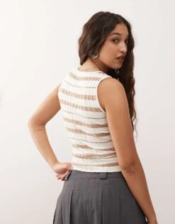 Noisy May Rib Tank Top In Beige And Cream Stripe For Women -Noisy May Shop 207372908 3