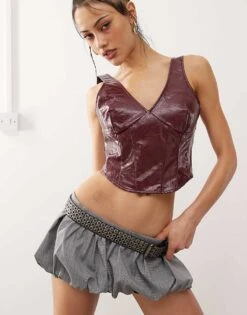 Noisy May Faux Leather Corset Top In Burgundy For Women
