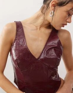 Noisy May Faux Leather Corset Top In Burgundy For Women -Noisy May Shop 207372924 4