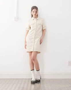 Noisy May Rolled Sleeve Denim Mini Dress In Cream For Women Birch -Noisy May Shop 207377407 1 birch 1