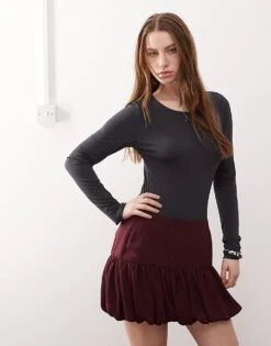 Noisy May Long Sleeve Bodysuit In Charcoal For Women Dark Grey