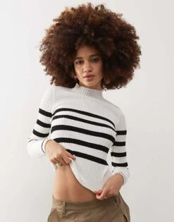 Noisy May High Neck Ribbed Jumper In Cream With Black Stripe For Women Sugar Swizzle -Noisy May Shop 207417320 1 sugarswizzle 1