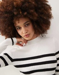 Noisy May High Neck Ribbed Jumper In Cream With Black Stripe For Women Sugar Swizzle -Noisy May Shop 207417320 3