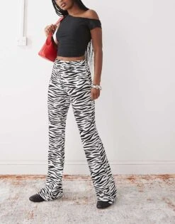 Noisy May Jersey Flare Trouser In Zebra For Women -Noisy May Shop 207427479 1 zebra 1