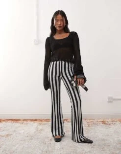 Noisy May Petite Flare Leggings In Black With White Stripe - BLACK For Women Black W Harbor Mist