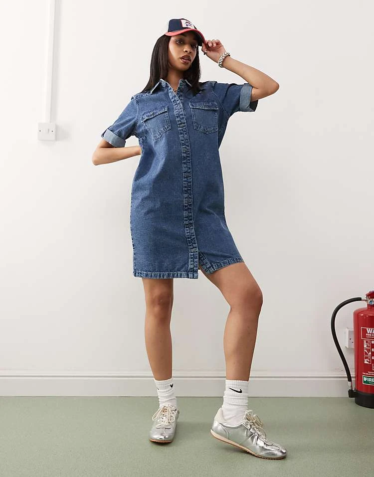 Noisy May Rolled Sleeve Denim Mini Dress In Mid Blue Wash For Women Mid Blue Denim 2 Noisy May Rolled Sleeve Denim Mini Dress In Mid Blue Wash For Women Mid Blue Denim - Image 2