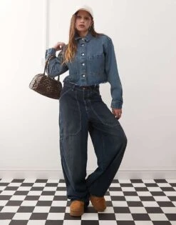 Noisy May Boxy Cropped Denim Jacket In Dark Blue For Women Dark Blue Denim