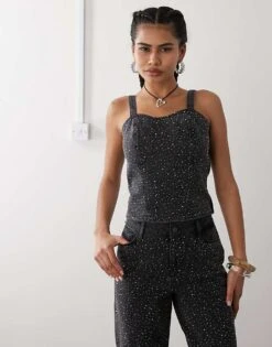Noisy May Denim Corset Top With Rhinestones In Black For Women Black Denim