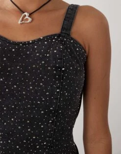 Noisy May Denim Corset Top With Rhinestones In Black For Women Black Denim -Noisy May Shop 207455101 3