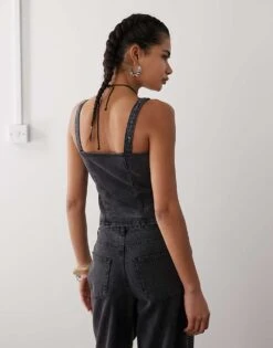 Noisy May Denim Corset Top With Rhinestones In Black For Women Black Denim -Noisy May Shop 207455101 4