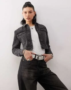 Noisy May Cropped Denim Jacket With Rhinestones In Black For Women Black Denim