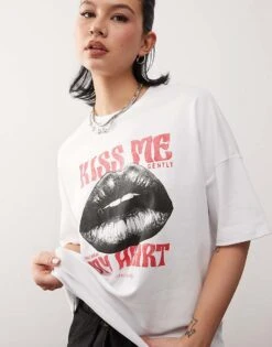 Noisy May Oversize T-shirt With Kiss Me Print In White For Women Bright White -Noisy May Shop 207455114 4