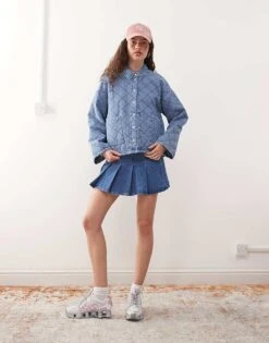 Noisy May Quilted Diamond Denim Jacket In Light Blue Wash For Women Light Blue Denim