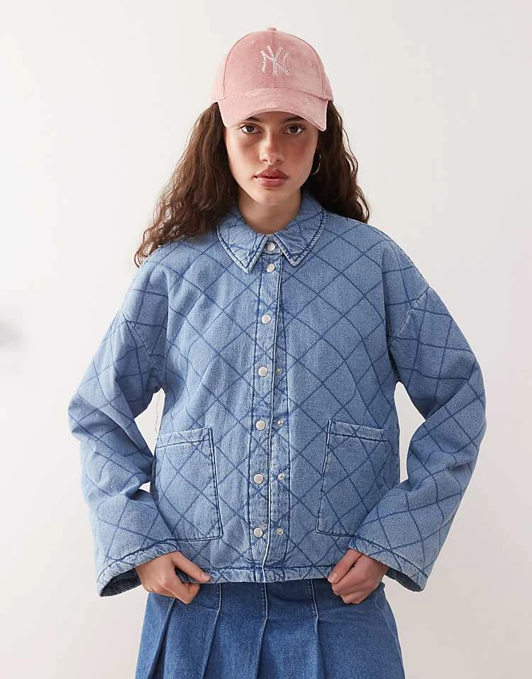 Noisy May Quilted Diamond Denim Jacket In Light Blue Wash For Women Light Blue Denim 2 Noisy May Quilted Diamond Denim Jacket In Light Blue Wash For Women Light Blue Denim - Image 2