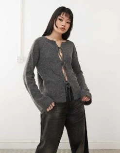 Noisy May Tie Detail Reversible Jumper In Charcoal For Women Dark Grey Melange -Noisy May Shop 207513014 1 darkgreymelange 1