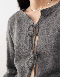 Noisy May Tie Detail Reversible Jumper In Charcoal For Women Dark Grey Melange -Noisy May Shop 207513014 3