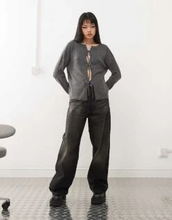 Noisy May Tie Detail Reversible Jumper In Charcoal For Women Dark Grey Melange -Noisy May Shop 207513014 4