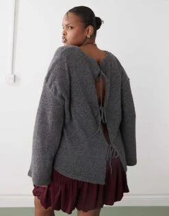 Noisy May Curve Tie Front Reversible Jumper In Charcoal For Women Dark Grey Melange -Noisy May Shop 207540635 1 darkgreymelange 1