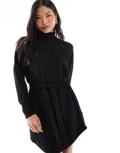 Noisy May Petite Tie Waist High Neck Knitted Mini Jumper Dress In Black For Women -Noisy May Shop 207585123 4