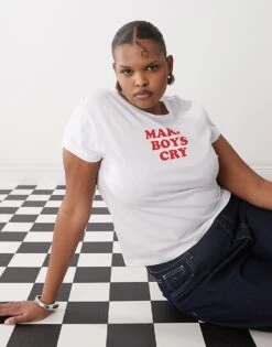 Noisy May Curve Baby Tee With Boys Cry Print In White For Women -Noisy May Shop 207648360 1 white 1