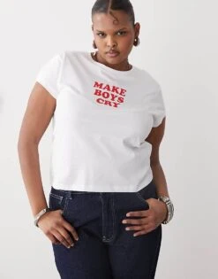 Noisy May Curve Baby Tee With Boys Cry Print In White For Women -Noisy May Shop 207648360 3