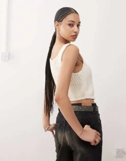 Noisy May Split Front Knitted Tank Top In Cream For Women -Noisy May Shop 207652435 4