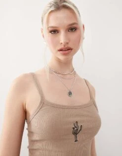 Noisy May Ribbed Vest With Cactus Embroidery In Beige For Women -Noisy May Shop 207652465 1 beige 1