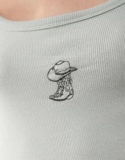 Noisy May Ribbed Vest With Cowboy Boot Embroidery In Light Sage For Women Light Green -Noisy May Shop 207652490 3