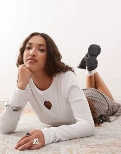Noisy May Ribbed Long Sleeve Top With Heart Cut Out In White For Women