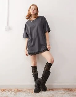 Noisy May Oversize T-shirt Dress With Lace Trim In Charcoal For Women