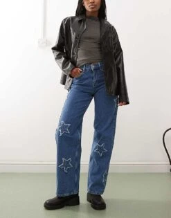 Noisy May Wide Leg Jeans With Star Patches In Mid Wash Blue For Women Mid Blue -Noisy May Shop 207653166 1 midblue 1