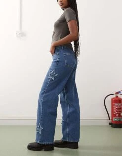 Noisy May Wide Leg Jeans With Star Patches In Mid Wash Blue For Women Mid Blue -Noisy May Shop 207653166 3